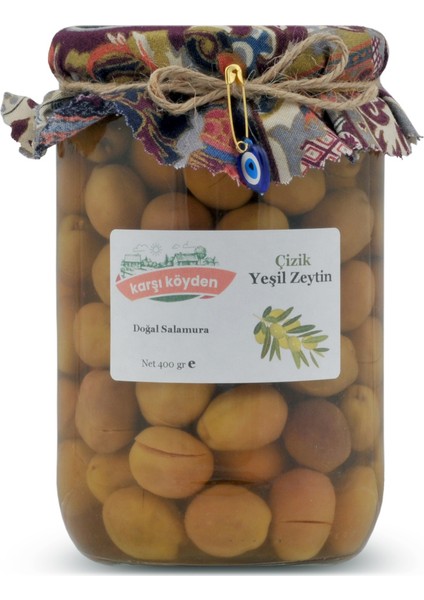 Doğal Salamura Çizik Yeşil Zeytin (400 gr - Cam Kavanoz)