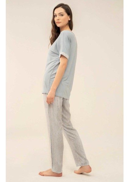 4083 Dokuma Kumaş Çizgili Pijama Takımı