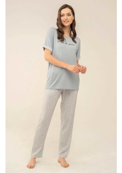 4083 Dokuma Kumaş Çizgili Pijama Takımı