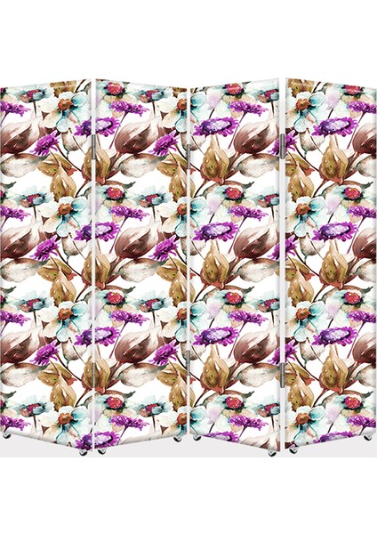 Çiçek Desenli 4 Kanat Tekerlekli Kanvas Paravan