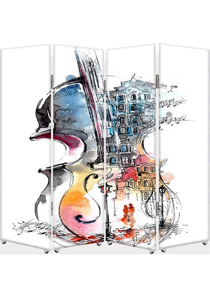 Keman 4 Kanat Tekerlekli Kanvas Paravan