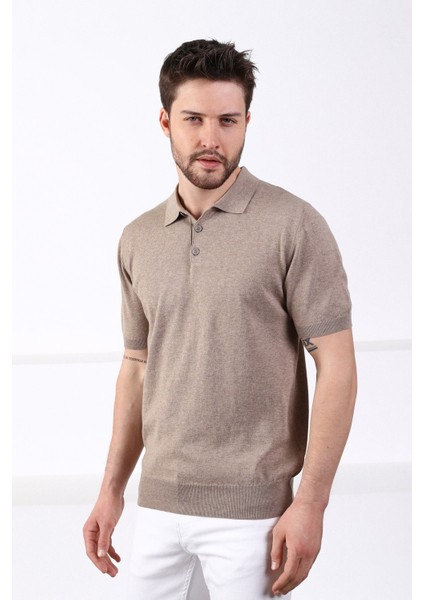Bej Polo Yaka Düz Renk Erkek Pamuk Triko T-Shirt modelleri