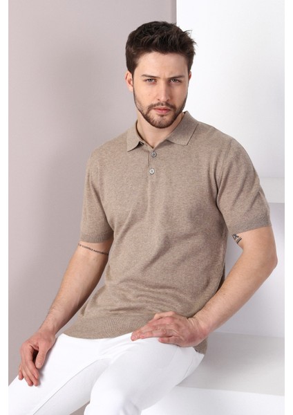 Bej Polo Yaka Düz Renk Erkek Pamuk Triko T-Shirt fırsatları