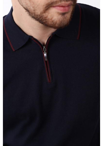 Lacivert Yaka Şerit Fermuarlı Erkek Pamuk Triko T-Shirt