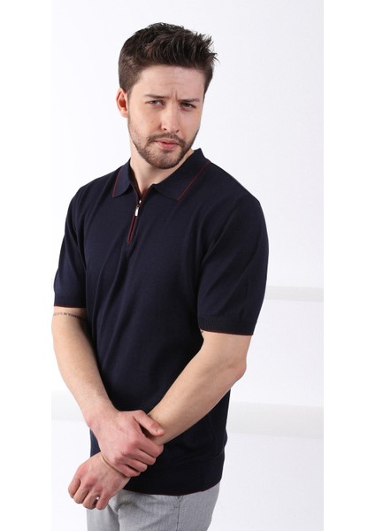 Lacivert Yaka Şerit Fermuarlı Erkek Pamuk Triko T-Shirt