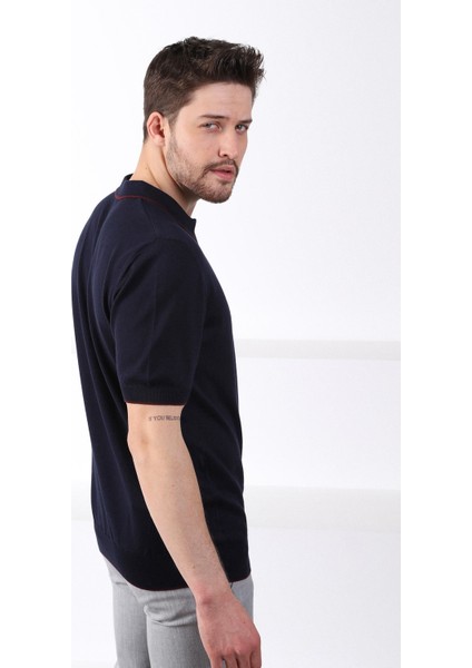 Lacivert Yaka Şerit Fermuarlı Erkek Pamuk Triko T-Shirt