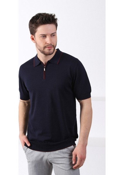 Lacivert Yaka Şerit Fermuarlı Erkek Pamuk Triko T-Shirt