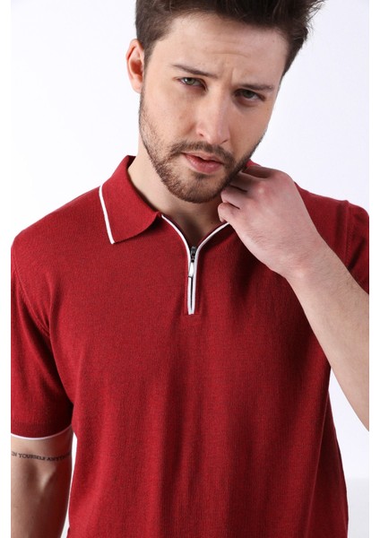 Tarçın Yaka Şerit Fermuarlı Erkek Pamuk Triko T-Shirt
