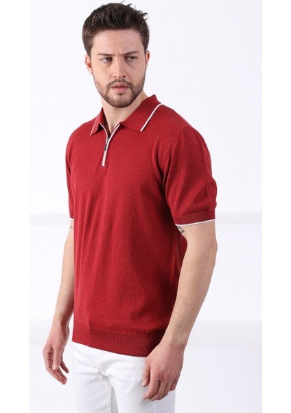 Tarçın Yaka Şerit Fermuarlı Erkek Pamuk Triko T-Shirt
