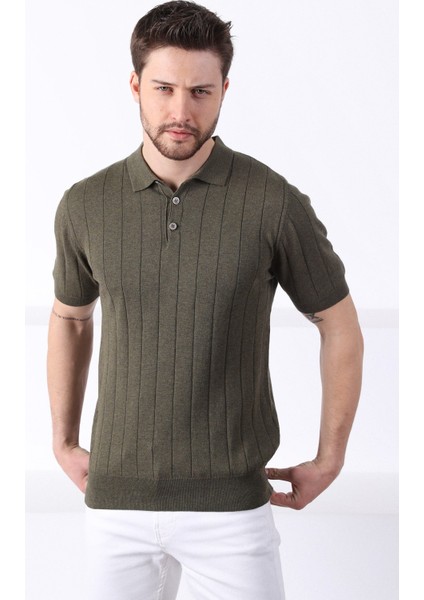 Haki Polo Yaka Fitilli Erkek Pamuk Triko T-Shirt