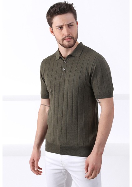 Haki Polo Yaka Fitilli Erkek Pamuk Triko T-Shirt modelleri