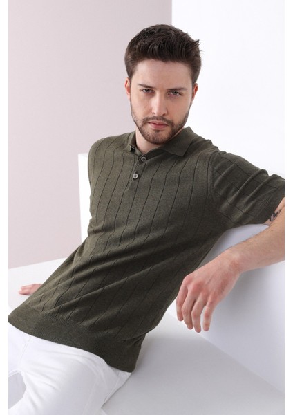 Haki Polo Yaka Fitilli Erkek Pamuk Triko T-Shirt fırsatları