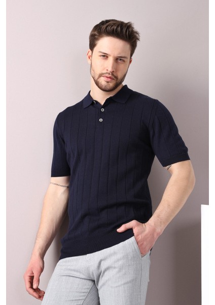 Lacivert Polo Yaka Fitilli Erkek Pamuk Triko T-Shirt