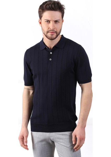 Lacivert Polo Yaka Fitilli Erkek Pamuk Triko T-Shirt modelleri