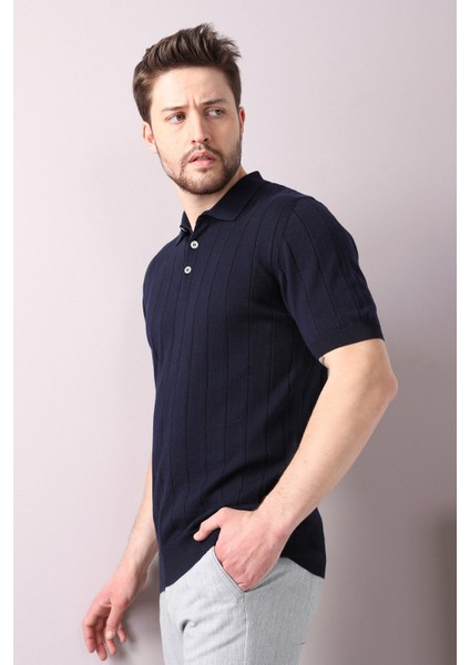Lacivert Polo Yaka Fitilli Erkek Pamuk Triko T-Shirt fırsatları