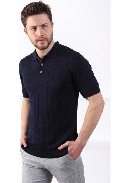 Lacivert Polo Yaka Fitilli Erkek Pamuk Triko T-Shirt indirimleri