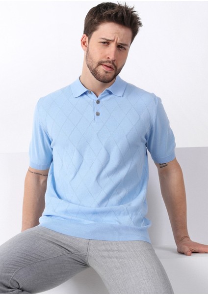 Buzmavi Polo Yaka Baklava Desen Erkek Pamuk Triko T-Shirt