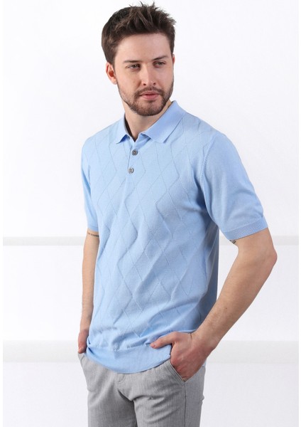Buzmavi Polo Yaka Baklava Desen Erkek Pamuk Triko T-Shirt modelleri