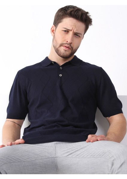 Lacivert Polo Yaka Baklava Desen Erkek Pamuk Triko T-Shirt