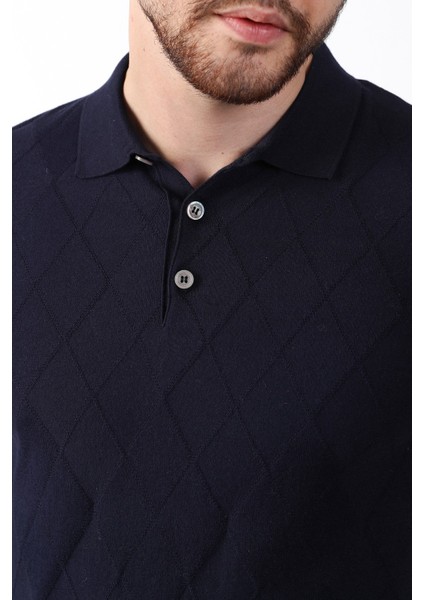 Lacivert Polo Yaka Baklava Desen Erkek Pamuk Triko T-Shirt fiyatları