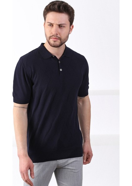Lacivert Polo Yaka Baklava Desen Erkek Pamuk Triko T-Shirt modelleri