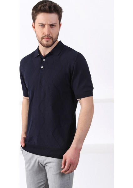 Lacivert Polo Yaka Baklava Desen Erkek Pamuk Triko T-Shirt fırsatları