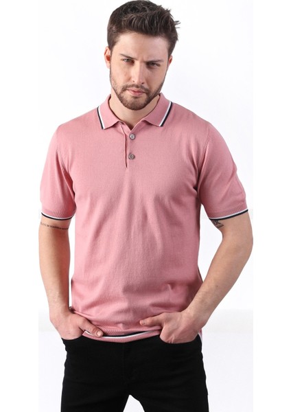Gül/beyaz Yaka Şerit Düğmeli Erkek Pamuk Triko T-Shirt