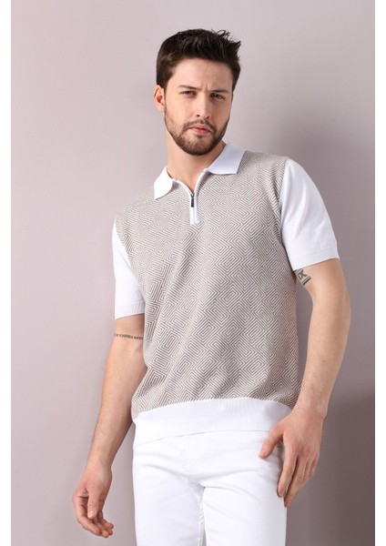Beyaz/bej Polo Yaka Desenli Erkek Pamuk Triko T-Shirt
