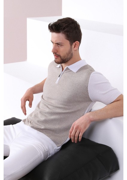 Beyaz/bej Polo Yaka Desenli Erkek Pamuk Triko T-Shirt
