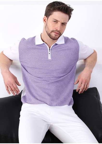 Beyaz/petunia Polo Yaka Desenli Erkek Pamuk Triko T-Shirt