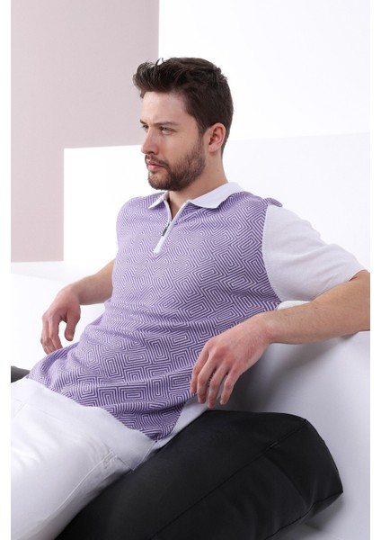 Beyaz/petunia Polo Yaka Desenli Erkek Pamuk Triko T-Shirt modelleri