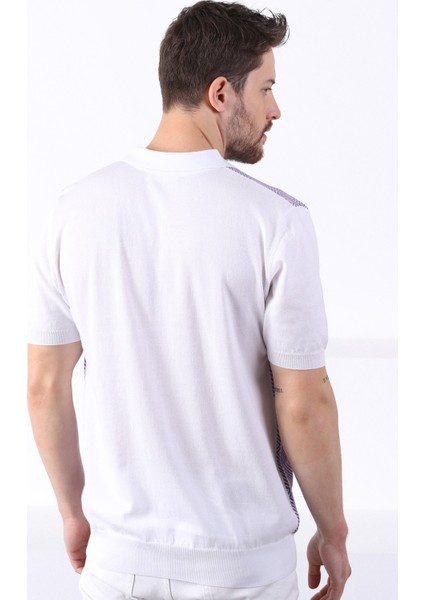 Beyaz/petunia Polo Yaka Desenli Erkek Pamuk Triko T-Shirt indirimleri