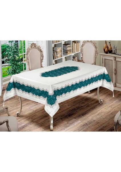 Nilüfer Dikdörtgen Baskılı Masa Örtüsü Krem Petrol