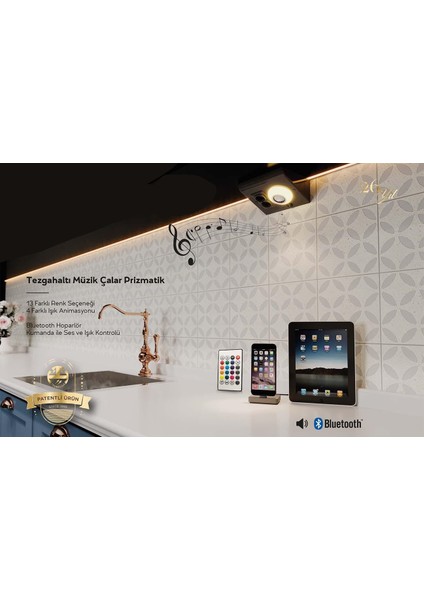 Tezgah Altı Müzikli Prizmatik ve Tezgah Altı 3 W Spotlu Armatür (Müzikli Tezgah Altı ve Normal Tezgah Altı) İkili Set modelleri