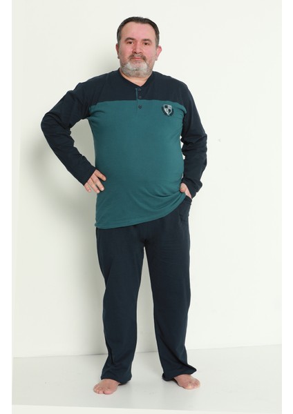 Erkek Uzun Kollu Cepli ve Yaka Düğmeli Battal Beden Süprem Pijama Takımı 1764