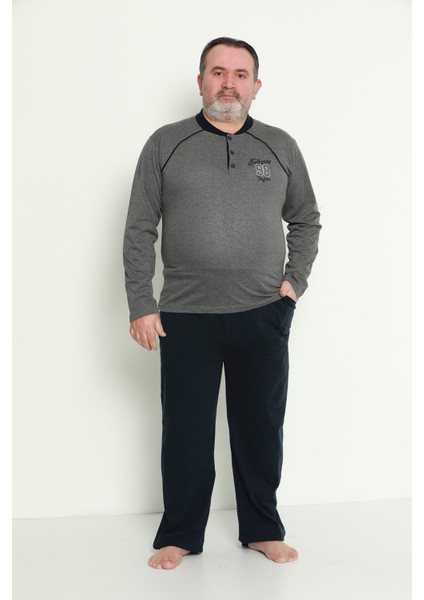 Erkek Uzun Kollu Cepli ve Yaka Düğmeli Battal Beden Süprem Pijama Takımı 01741