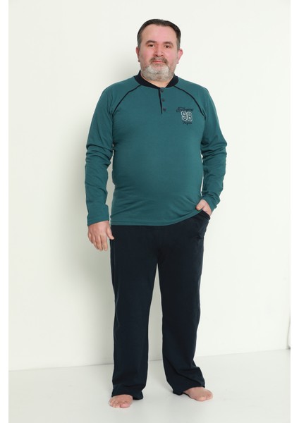 Erkek Uzun Kollu Cepli ve Yaka Düğmeli Battal Beden Süprem Pijama Takımı 01741