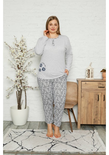 Kadın Süprem Uzun Kollu Cepli ve Yaka Düğmeli Battal Beden Pijama Takım 1745