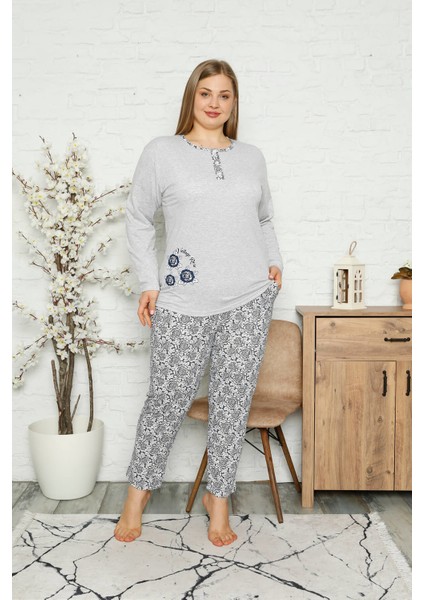 Kadın Süprem Uzun Kollu Cepli ve Yaka Düğmeli Battal Beden Pijama Takım 1745 fiyatları