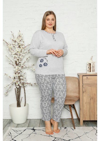 Kadın Süprem Uzun Kollu Cepli ve Yaka Düğmeli Battal Beden Pijama Takım 1745 modelleri