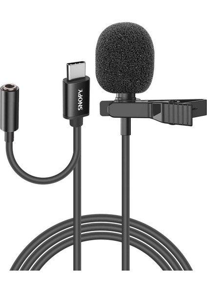 SN-MTK45 Siyah Type-C Akıllı Telefon, Tik-Tok ve Youtuber Kulaklık Çıkışlı Yaka Mikrofonu