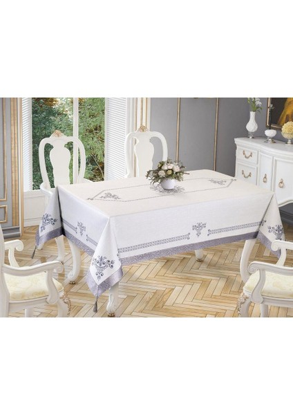 Lale Baskılı Dikdörtgen Masa Örtüsü Silver 160X300 cm