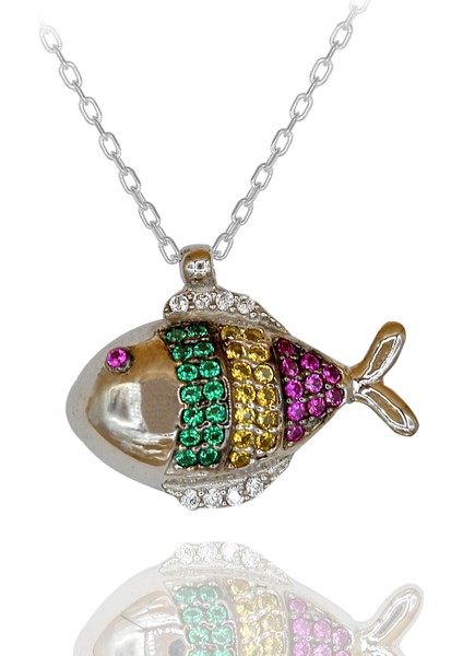 Renkli Taşlı Balık Gümüş Kolye