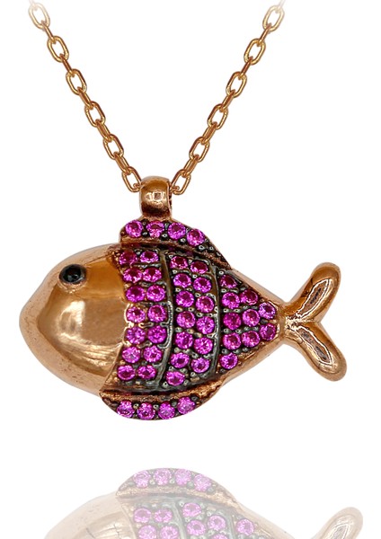 Fuşya Taşlı Balık Gümüş Kolye