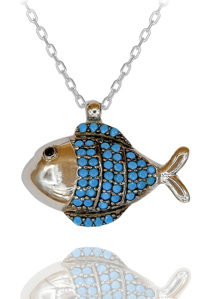 Turkuaz Taşlı Balık Gümüş Kolye