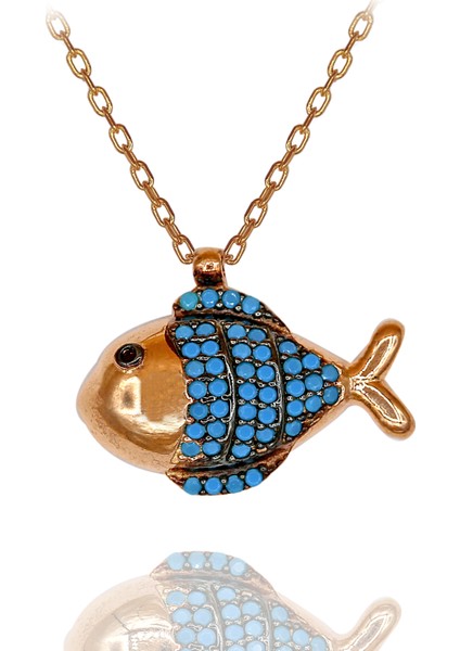 Turkuaz Taşlı Balık Gümüş Kolye
