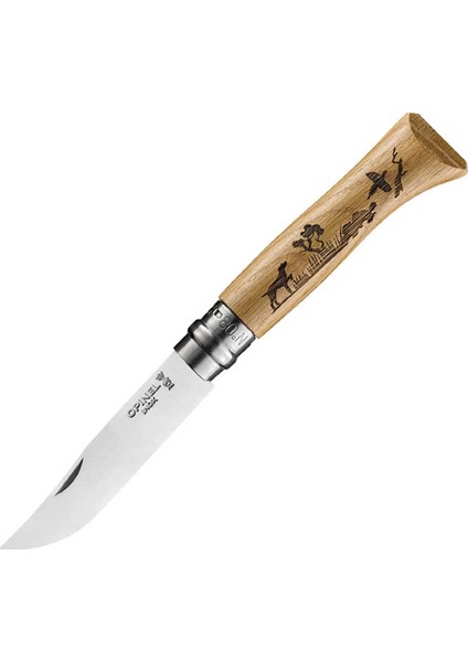 Inox No 8 Meşe Saplı Köpek Desenli Paslanmaz Çelik Çakı