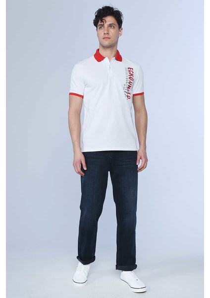 Davıs Beyaz Erkek Kontrast Yaka Detaylı, Baskılı Polo Yaka Tshirt fırsatları