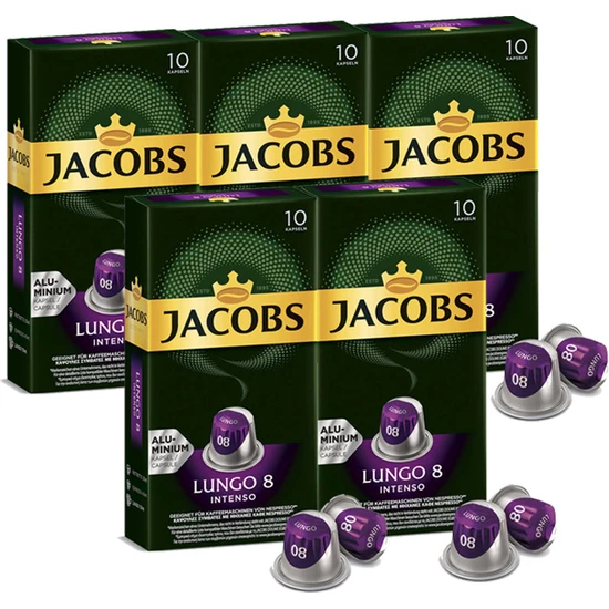 Jacobs Lungo Intenso 8 Kapsül Kahve 10 x 5 Paket (50 Adet) Nespresso Uyumlu