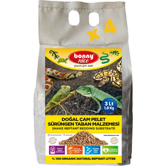 Bonny Nice Doğal Çam Pellet Sürüngen Taban Malzemesi 1.8 kg 3 L x 4 Paket